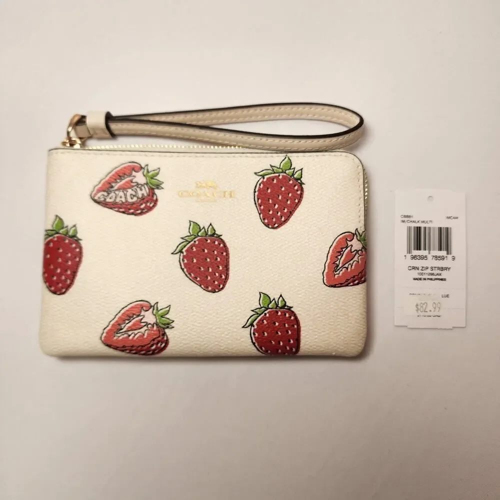 NWT Coach CBB81 Corner Zip Wristlet With Strawberry Print V2